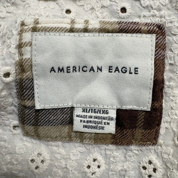American Eagle Brown Cream Plaid Flannel Boho Button Down Shirt Eyelet Yoke XL - Picture 6 of 7